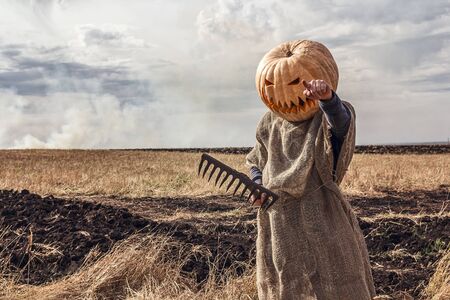 Portrait of Jack-lantern with a pumpkin on his head standing in the field. Halloween legend.の写真素材