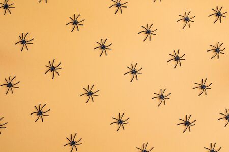 Halloween background with decorative spiders on orange backdrop. Festive  concept.の写真素材