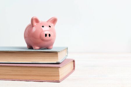 Pink piggy bank on books on white background with copy space. Concept of education costs.の写真素材