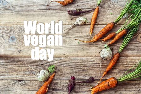 World vegan day background with dirty carrots, beets and turnips on wooden table. Top view.の写真素材