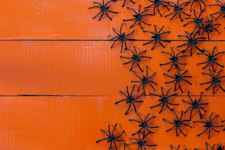 Many black spiders on painted orange wooden boards. Background for Halloween. Copy space.の写真素材