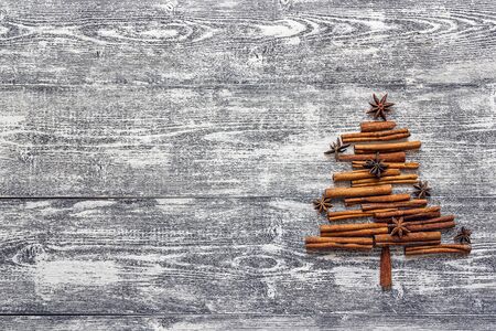 Christmas fir tree made from spices cinnamon sticks and anise star on gray wooden background. Copy...
