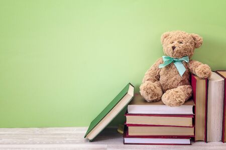 Plush bear with stack of book on a green background. Copy space for text.の写真素材