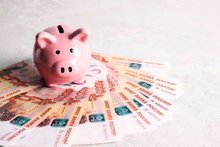 Pink piggy bank with Russian money banknotes currency rouble in nominal value of five thousand.
