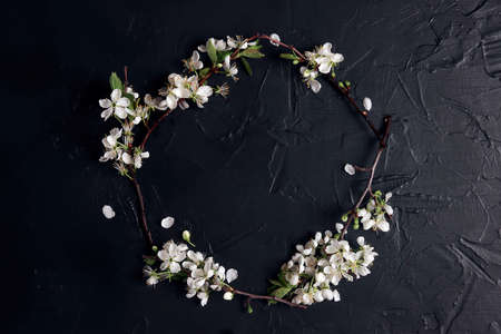 Round frame from apple blossom branches on black background. Top view with copy space for text.の写真素材