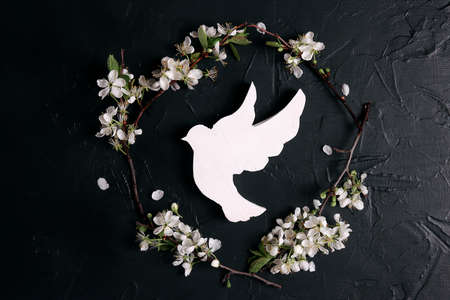 Dove of peace surrounded by apple blossoming branches on a black background. World Peace Day greeting card.の写真素材