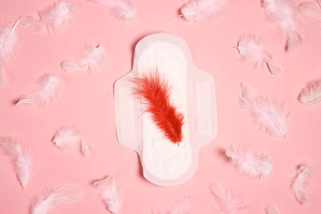 Menstrual pad with red and white feathers on pink background. Menstruation cycle period, woman hygiene and comfort concept.の写真素材