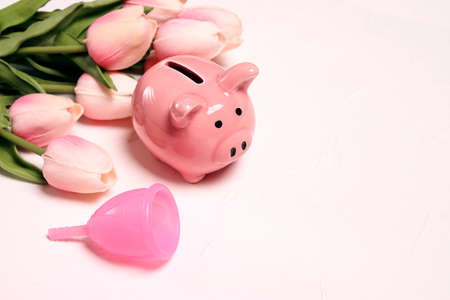 Menstrual cup with piggy bank and tulips on a white background. Save money with reusable feminine...