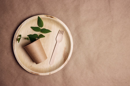 Set of eco-friendly tableware with green leaves on brown paper background. Bamboo plate, paper cup and wooden cutlery. Zero waste, plastic free, biodegradable, disposable tableware. top view.の写真素材
