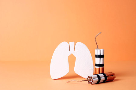 Human lungs symbol with cigarettes dynamite on yellow background. Stop smoking, World No Tobacco Day.の写真素材
