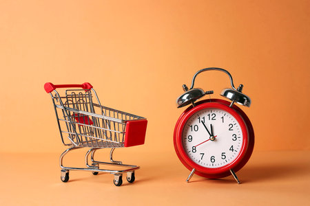 Shopping cart with alarm clock on orange background. Shopping time concept, purchases and sale.の写真素材