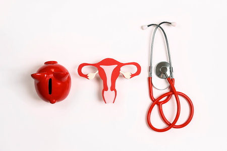Women's health awareness concept. Uterus symbol with stethoscope and piggy bank on white background. Diagnostic and research women's reproductive system.の写真素材
