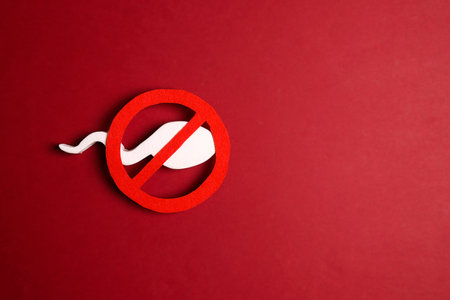 Sperm cell with prohibition forbidden red sign. The ban on sperm. Contraception concept.の写真素材