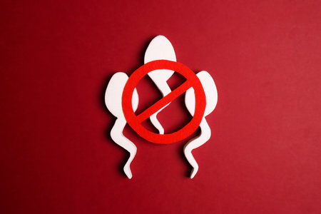 Sperm cells with prohibition forbidden red sign. The ban on sperm. Contraception concept.の写真素材