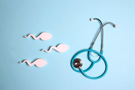 Sperm cells with stethoscope on blue background. Male sexual health.の写真素材