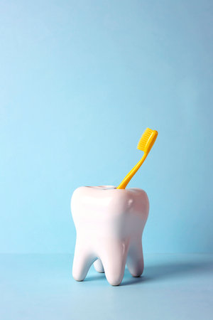 Model of a human tooth and a yellow toothbrush on a blue background. Concept of oral health and hygiene, dental and oral care.の写真素材