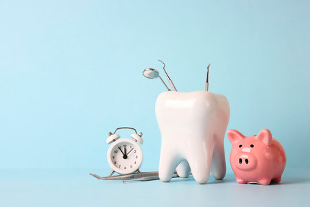 Tooth model with medical instruments, piggy bank and alarm clock on blue background. Investing in dental health care. Expensive treatment. The concept of saving for dental treatment.の写真素材
