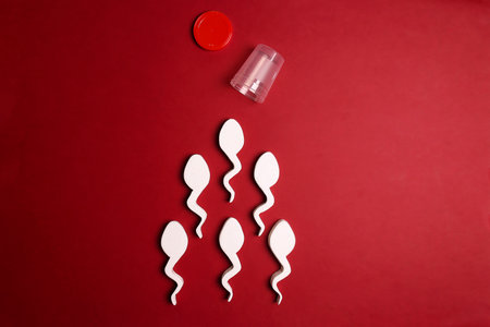 Spermatozoa and sperm sample plastic container on red background. Semen analysis, male fertility test, sperm bank and donation concept.の写真素材