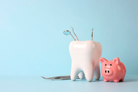 Pink piggy bank and tooth model with medical instruments on blue background. Investing in dental health care. Expensive treatment. The concept of saving for dental treatment.の写真素材