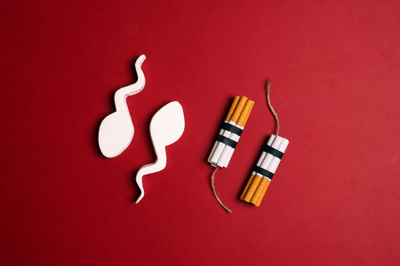 Spermatozoa with cigarette dynamite bomb on a red background. The dangers of smoking for men's health.の写真素材