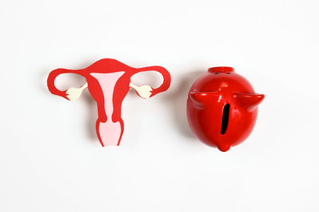 Uterus symbol with piggy bank on white background. Investing in women's health care. Saving for feminine treatment concept.の写真素材