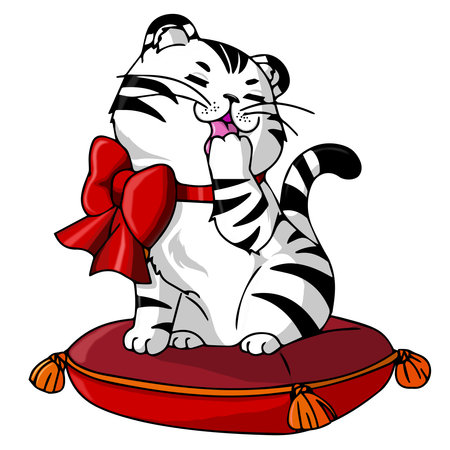 Cute white tiger cub on a red pillowのイラスト素材