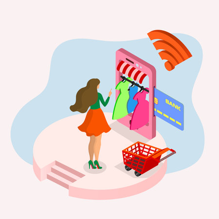 A pretty girl chooses clothes in an online store, makes online purchases from home and pays for them with a bank card. flat style illustration.のイラスト素材
