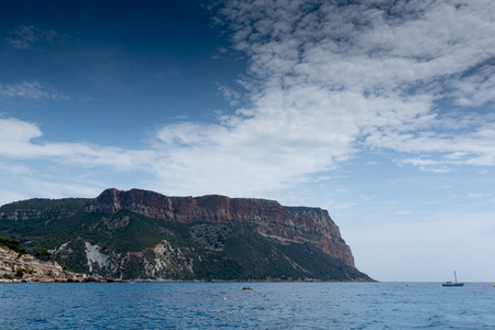 View on Cape Canaille from the sea, France, Cassis, summerの写真素材