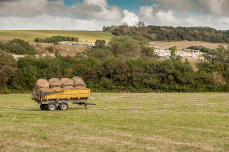 hay trailer in a field on summerの写真素材