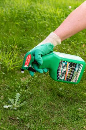 Paris, France - August 15, 2018 : Gardener using Roundup herbicide in a french garden. Roundup is a brand-name of an herbicide containing glyphosate, made by Monsanto Company.のeditorial素材