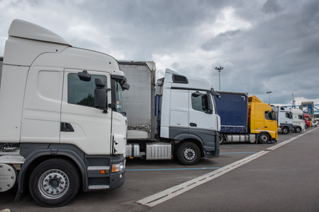 Le Havre, France - May  04, 2018 : Trucks parked on a highway rest stopの写真素材