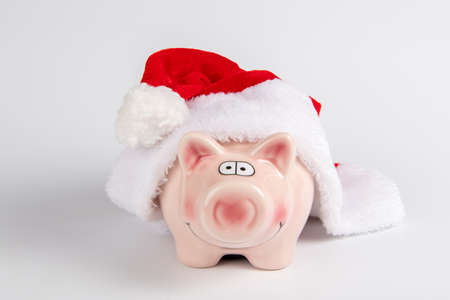 Money and christmas concept: Piggy bank and santa's hatの写真素材