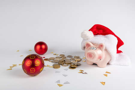 Money and christmas concept: Santa's hat and euro money on white backgroundの写真素材