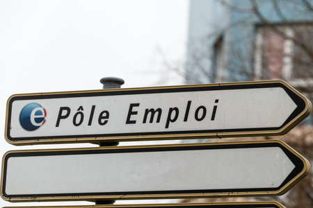 Calais, France - January 13,2020: Pole emploi logo on signboard. Pole emploi is a French governmental agency which registers unemployed peopleのeditorial素材