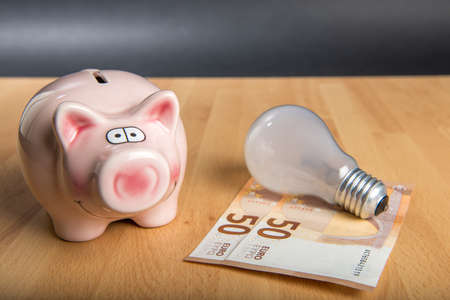 Concept energy price: Piggy bank with light bulb and money on wooden background.の写真素材