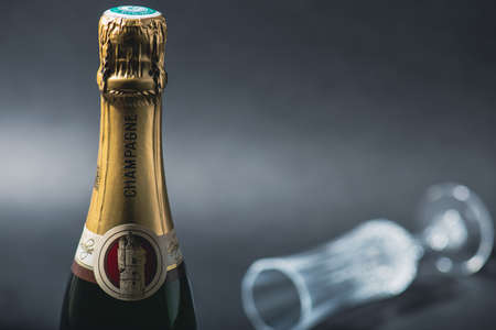 Bottle of French Champagne "RÃ©coltant". Champagne which is bottled at the propertyのeditorial素材