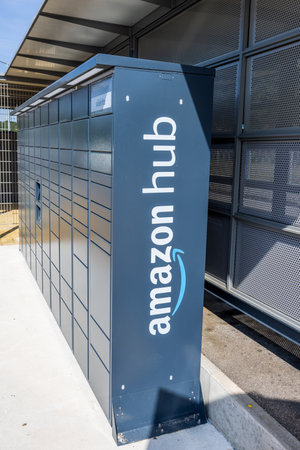 Wingen sur Moder, France - August 08, 2022: Amazon Hub Locker, where customers can take their order...