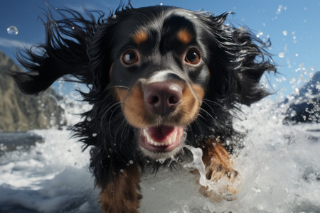 Black Cavalier King Charles dog running in the waterの素材