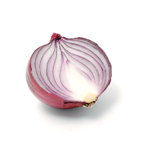 Violet onion cut in half over white backgroundの写真素材