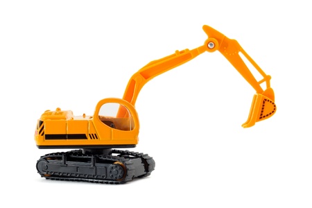 Toy excavator isolated on white backgroundの写真素材