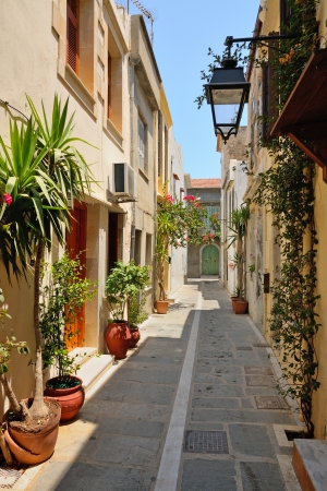 Narrow street in city of Rethymno, Crete, Greeceの写真素材