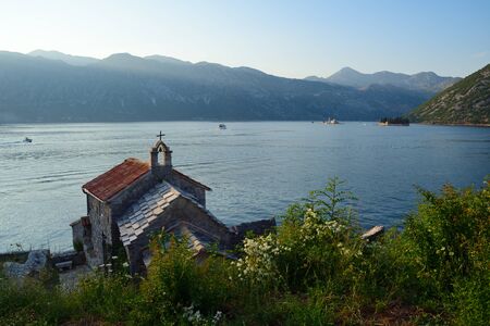 View on Our Lady of the Angels Church and Bay of Kotor, Montenegroの写真素材