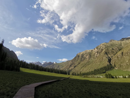 Mountain landscape with green grass and blue sky, Kyrgyzstanの写真素材