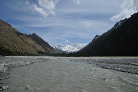landscape of mountains and river in the valley of the river.の写真素材