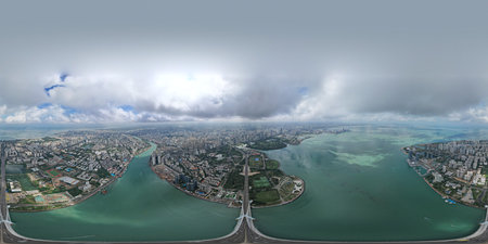 Aerial view of the city and the sea. 3d renderingの写真素材