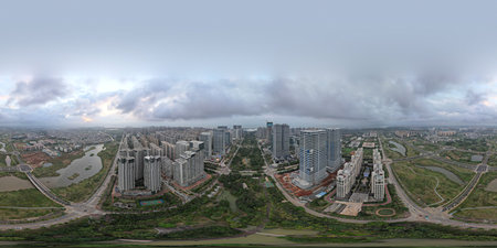 Aerial panorama of a modern city with skyscrapers and buildingsの写真素材