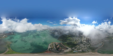 Panoramic aerial view of the city and the sea. 3D renderingの写真素材