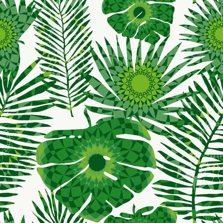 Tropical Plants Leaves With Manadalas Seamless Patternのイラスト素材