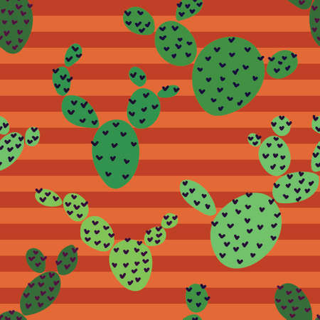 Cute Drawn Cactus Prickly Pear Seamless Pattern Stripesのイラスト素材