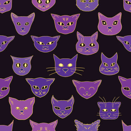 Creepy Cute Witchy Heads Cats Doodles Glowing Eyes Seamless Ornamentのイラスト素材
